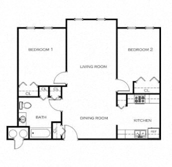 Floor plan for 2 beds, 1 bath, 848 sqft